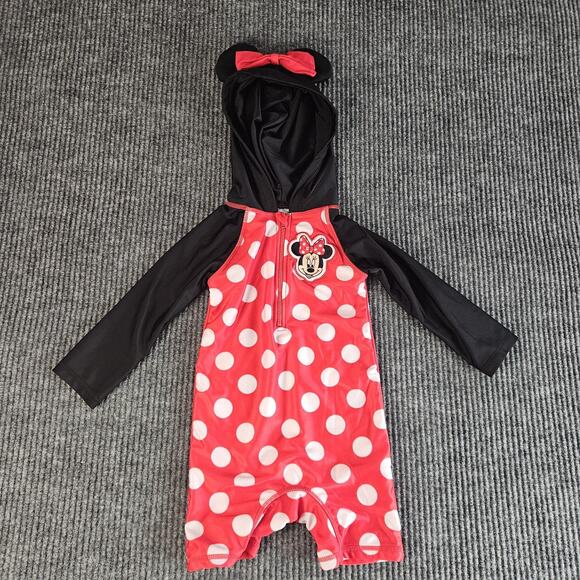 Disney Minnie Mouse Rash Guard Swimsuit Girls 18 Months Red Polka Dot Hooded - Picture 1 of 10